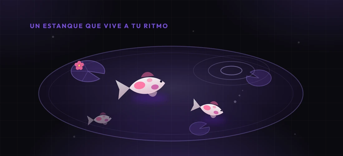 Estanque con peces koi, nenúfares y ondas en el agua